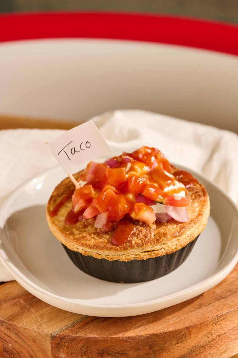 Taco pie topped with salsa